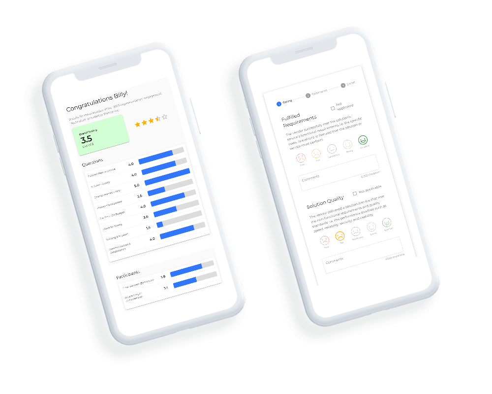 Results and comments of the evaluation displayed on mobile devices when running an IT Vendor Performance Evaluation