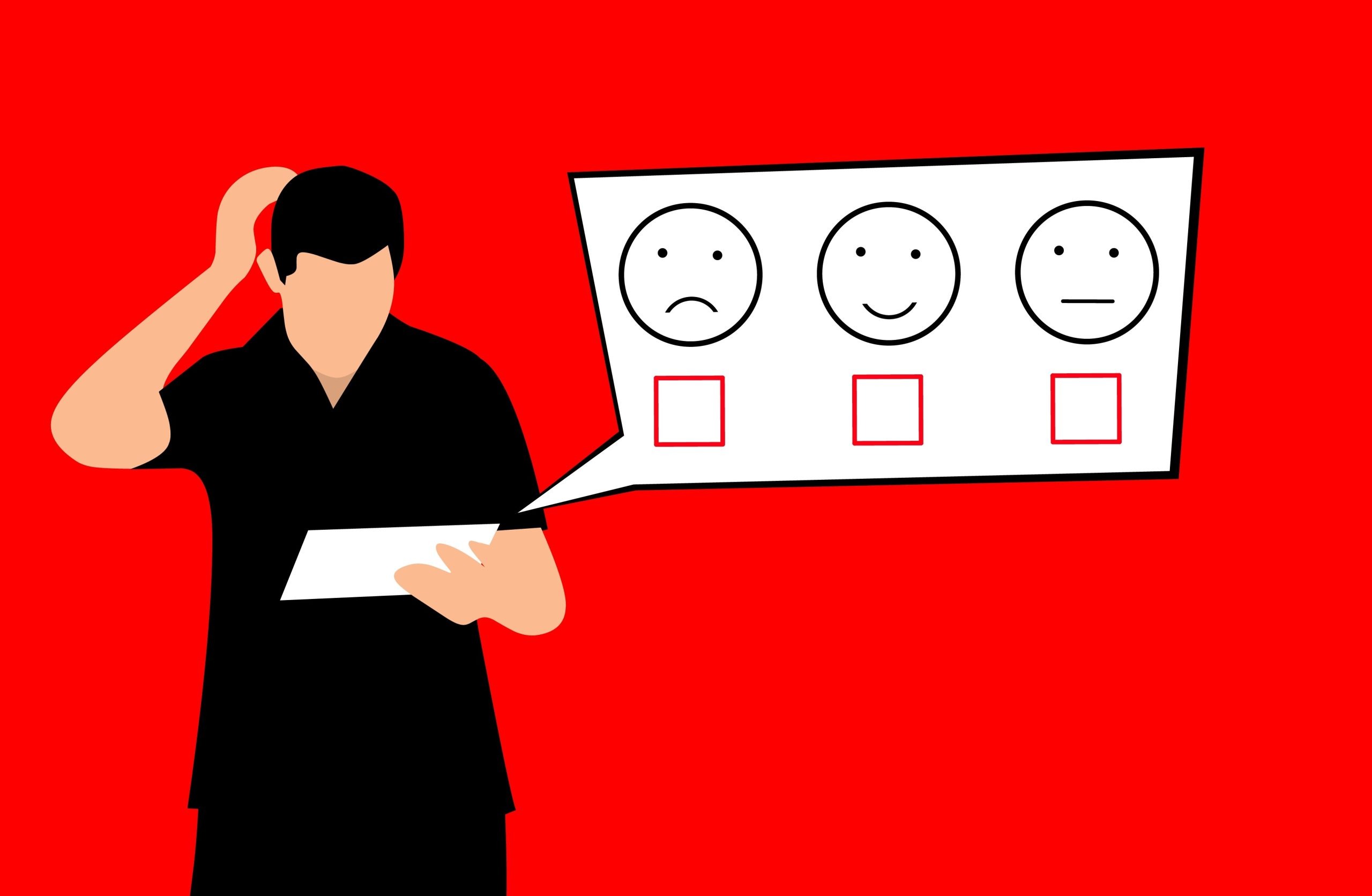 A person looks quizzically at survey response options, illustrating the challenge of driving participation in agency evaluations